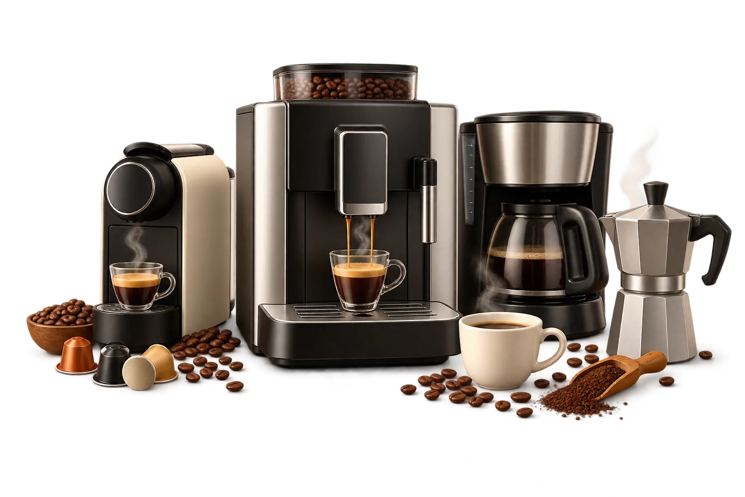 Une machine à grain qui fait couler un expresso, à côté d’une machine à capsules, d’une cafetière filtre et d’une cafetière italienne