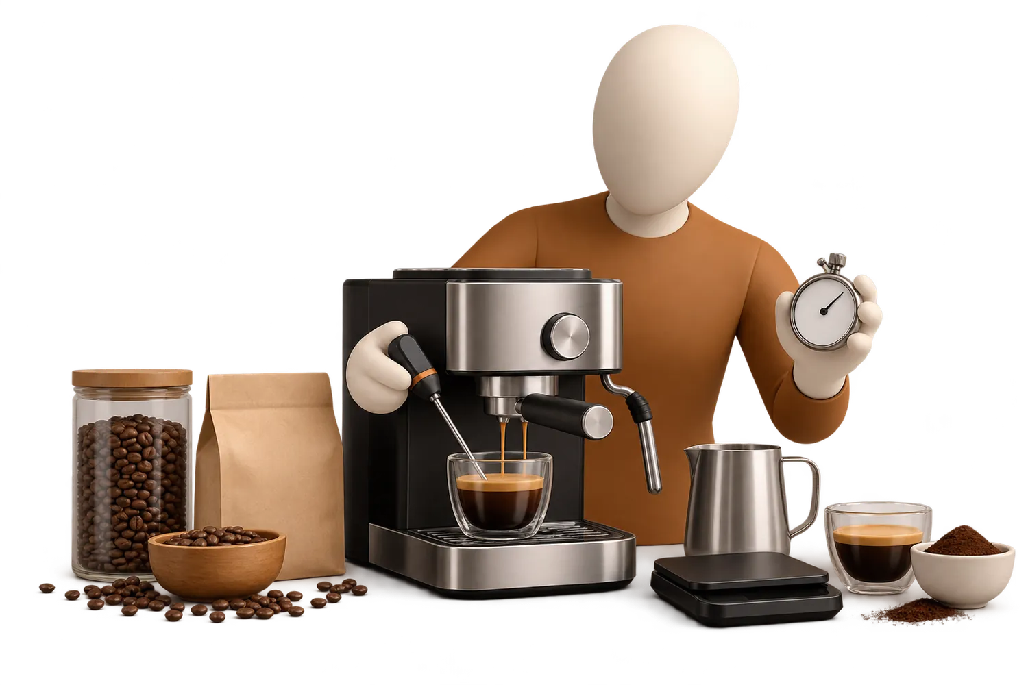 Une machine à café sur un banc de mesure, avec une balance et un thermomètre