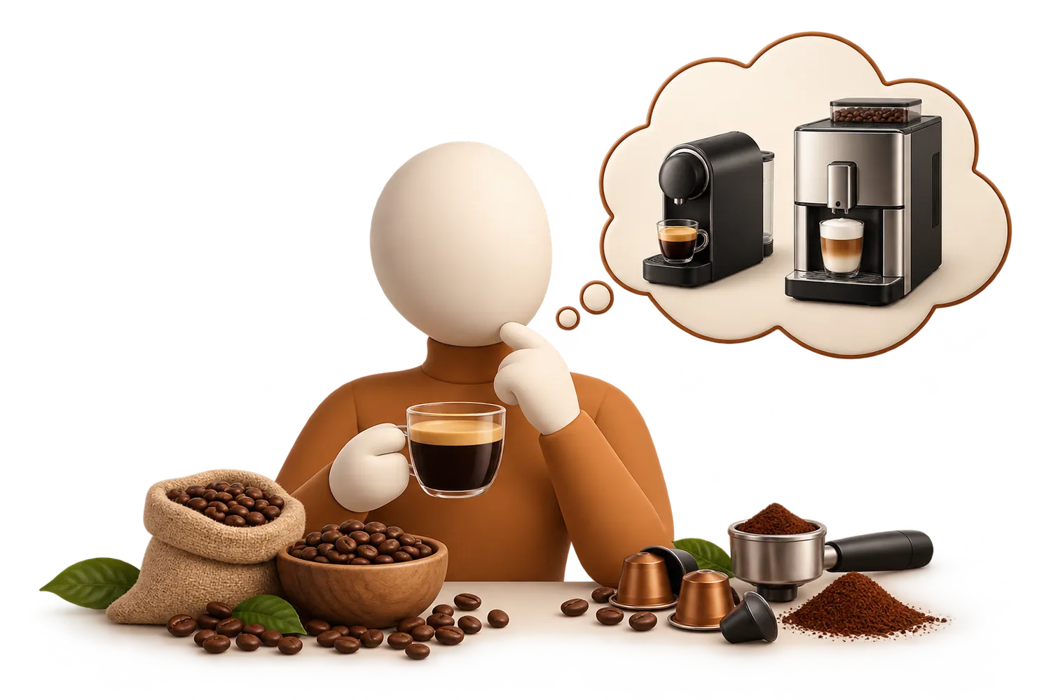 Une personne qui hésite entre deux machines à café dans sa cuisine